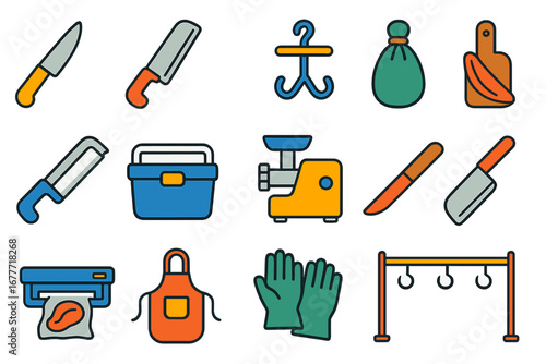 Game Processing Tools Icons. Flat vector icons of game processing tools: skinning knife, meat saw, gambrel hook, game bag, bone