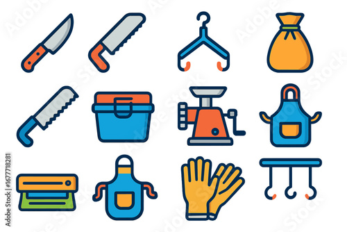 Game Processing Tools Icons. Flat vector icons of game processing tools: skinning knife, meat saw, gambrel hook, game bag, bone