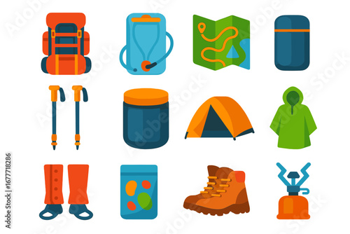 Backpacking Gear Icons. Flat vector icons of backpacking gear: internal frame backpack, hydration bladder, trail map, trekking