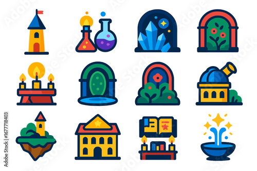 Magical Architecture Icons. Flat vector icons of magical architecture: wizard tower, potion lab, crystal cave, spell chamber,