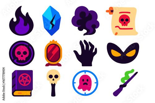 Cursed Magic Icons. Flat vector icons of cursed magic: black flame, cracked crystal, dark fog, cursed scroll, skull rune, haunted