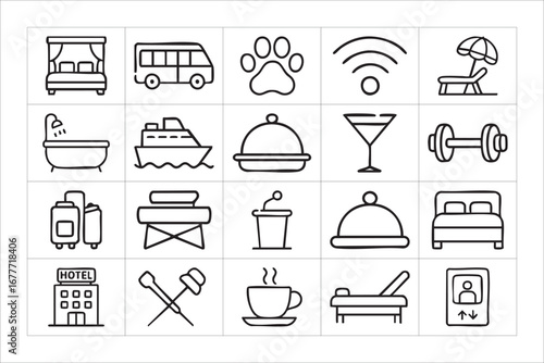Collection of hand drawn hotel and travel icons
