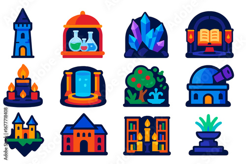 Magical Architecture Icons. Flat vector icons of magical architecture: wizard tower, potion lab, crystal cave, spell chamber,