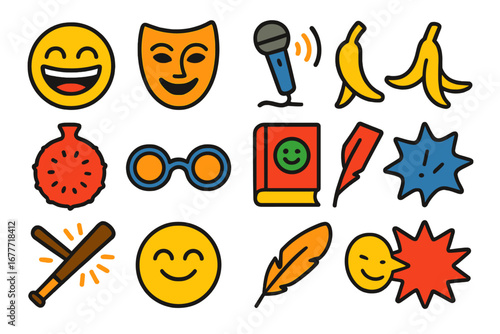 Comedy Icons Set. Flat vector icons of comedy: laughing face, comedy mask, open mic, banana peel, whoopee cushion, oversized