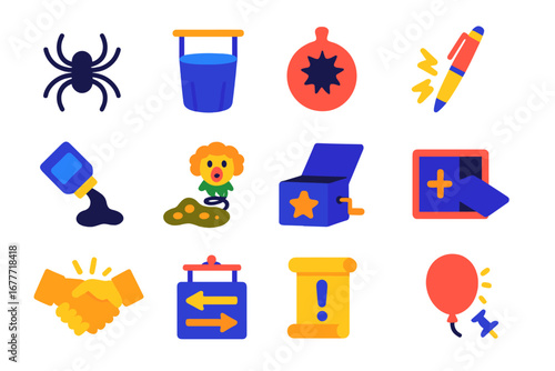 Prank Comedy Icons. Flat vector icons of prank comedy: fake spider, bucket trap, whoopee pad, shock pen, disappearing ink, fake