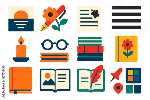 Poetic Mood Icons. Flat vector icons of poetic mood boards: sunset and verse, pen with flower, ink splatter on page, black and