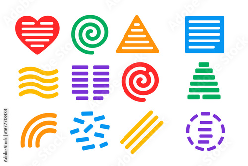 Minimalist Poetry Icons. Flat vector icons of visual poetry: text shape heart, spiral verse, triangle poem, square stanza, wave