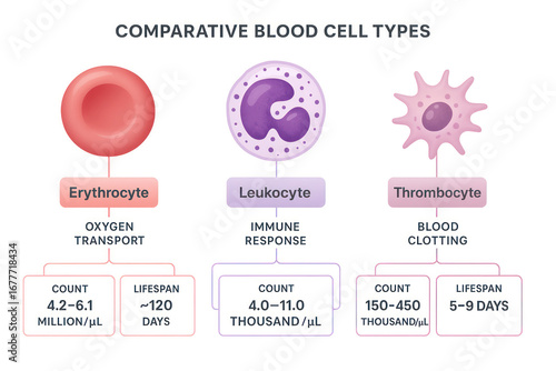 Comparative Blood Cell Types: Erythrocyte, Leukocyte, Thrombocyte, Illustration