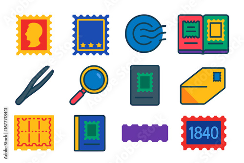 Vibrant Stamp Collection Icons. Flat vector icons of stamp collecting: vintage stamp, rare stamp, postmark stamp, stamp album,