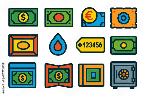 Collectible Currency Icons. Flat vector icons of collectible currencies: paper note, historical banknote, foreign currency, old