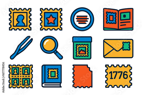 Vibrant Stamp Collection Icons. Flat vector icons of stamp collecting: vintage stamp, rare stamp, postmark stamp, stamp album,