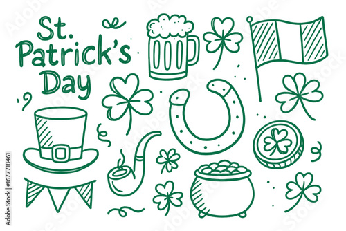 Irish Celebration Doodle Set. St. Patrick’s Day doodle set: hand drawn icons for Irish celebration, green decor, and lucky symbols