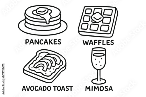 Brunch Doodle Icons. Weekend brunch doodle set: hand drawn icons for pancakes, waffles, avocado toast, and mimosa, isolated