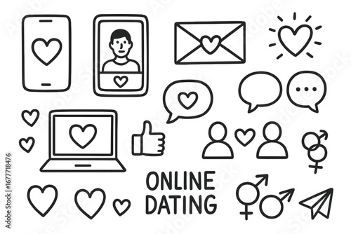 Online Dating Icons. Online dating doodle set: hand drawn icons for love apps, messages, and heart emojis, isolated transparent