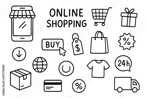 E-commerce Doodle Icons. Online shopping doodle set: hand drawn icons for e-commerce elements and mobile retail, isolated