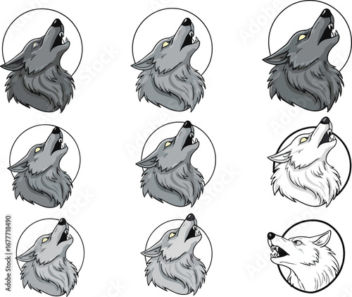 Cartoon howling wolves, wild animal illustration, wolf head art, forest predator drawing, wildlife design, nature character, fantasy artwork