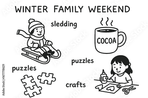 Winter Family Fun. Winter family weekend doodle set: hand drawn icons for sledding, cocoa, puzzles, and indoor crafts, isolated