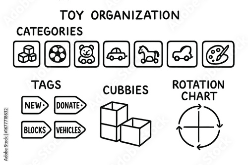 Toy Organization Icons. Toy organization system doodle set: hand drawn icons for categories, tags, cubbies, and rotation charts,