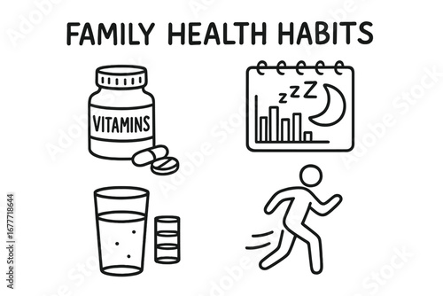 Healthy Habits Doodle. Family health habits doodle set: hand drawn icons for vitamins, sleep charts, water, and movement, isolated