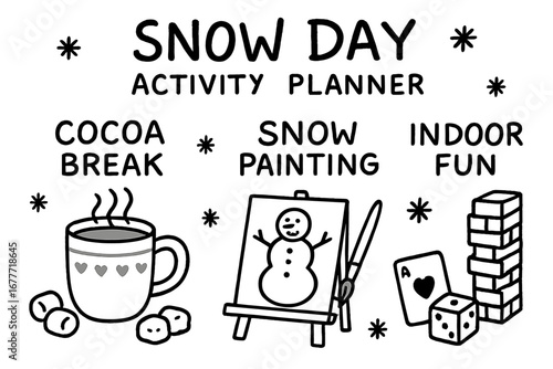 Snow Day Icons. Snow day activity planner doodle set: hand drawn icons for cocoa breaks, snow painting, and indoor fun, isolated