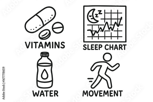 Healthy Habits Doodle. Family health habits doodle set: hand drawn icons for vitamins, sleep charts, water, and movement, isolated