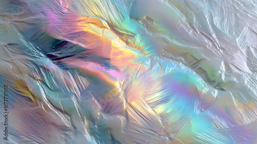 Abstract pastel holographi light with complex texturs and soft glowing scratchmarks, creating a dreamy efect.