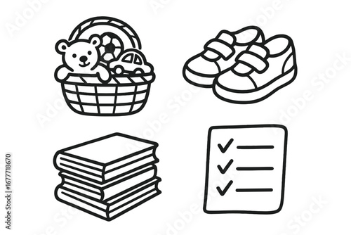 Kids' Tidy Icons. Daily tidy routine for kids doodle set: hand drawn icons for toy pickup, shoes, books, and quick checklists,
