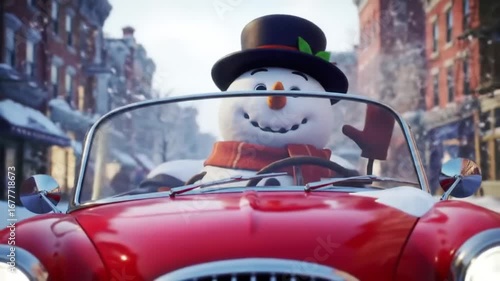 Snowman drives red convertible winter