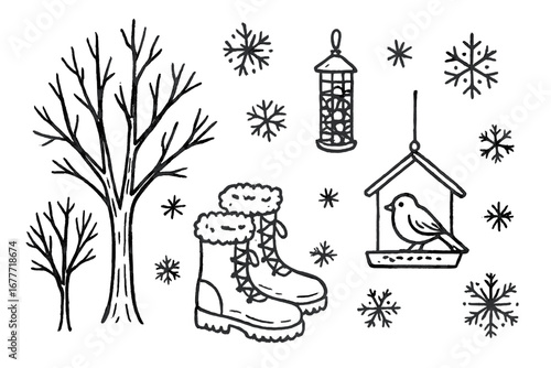 Winter Walk Doodles. Winter nature walk doodle set: hand drawn icons for bare trees, boots, bird feeders, and snowflakes, isolated