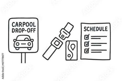 Carpool Icons Doodle Set. Carpool routine doodle set: hand drawn icons for drop-off signs, seat buckles, route maps, and schedules