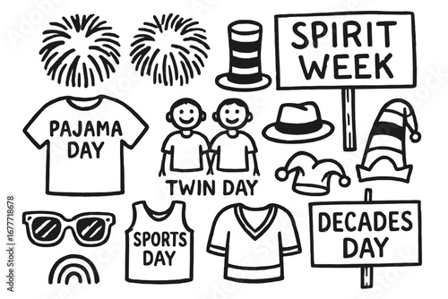 Spirit Week Doodle Set. School spirit week doodle set: hand drawn icons for theme days, pom-poms, funky hats, and event signs,