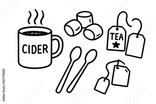 Holiday Drink Doodle Icons. Holiday hot drink station doodle set: hand drawn icons for cider, marshmallows, stirring spoons, and