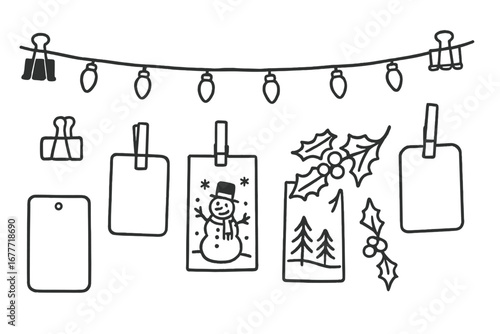 Winter Art Doodle. Winter art display wall doodle set: hand drawn icons for clips, fairy lights, name tags, and seasonal art,