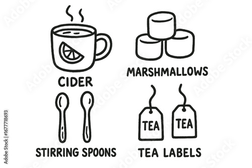 Holiday Drink Doodle Icons. Holiday hot drink station doodle set: hand drawn icons for cider, marshmallows, stirring spoons, and