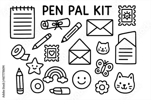Pen Pal Kit Doodles. Children’s pen pal kit doodle set: hand drawn icons for stationery, stamps, envelopes, and stickers, isolated