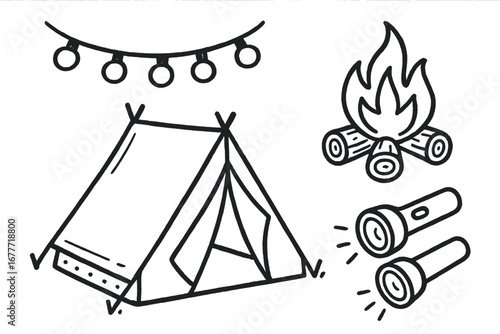 Indoor Kid's Camping Adventure. Indoor camping for kids doodle set: hand drawn icons for play tent, string lights, pretend fire,