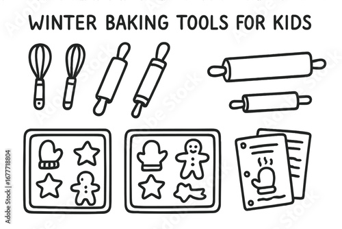 Kids Winter Baking Tools. Winter baking tools for kids doodle set: hand drawn icons for mini whisks, dough rollers, cookie trays,