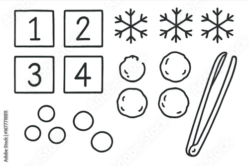 Snowflake Counting Doodle. Snowflake counting activity doodle set: hand drawn icons for number mats, dots, snowballs, and tongs,