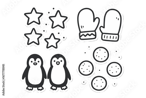 Snow Doodle Stickers. Snow-themed sticker chart doodle set: hand drawn icons for stars, mittens, penguins, and snowballs, isolated