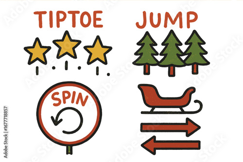 Holiday Sensory Path Doodles. Holiday-themed sensory path doodle set: hand drawn icons for tiptoe stars, jump trees, spin signs,