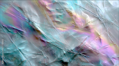 Abstract pastel holographic light with intricate texures and subtle scratch maks creating a dynamic effet.