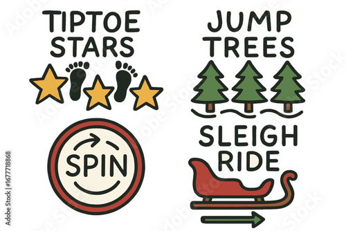 Holiday Sensory Path Doodles. Holiday-themed sensory path doodle set: hand drawn icons for tiptoe stars, jump trees, spin signs,