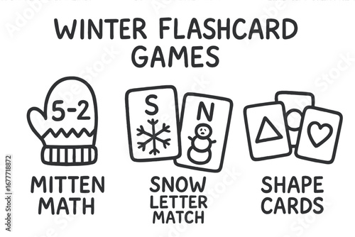 Winter Learning Games. Winter flashcard games for kids doodle set: hand drawn icons for mitten math, snow letter match, and shape