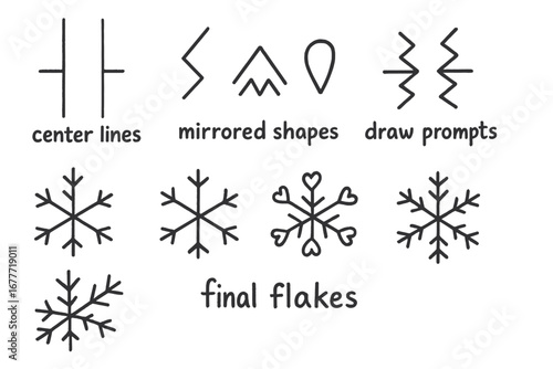 Snowflake Symmetry Doodle Set. Snowflake symmetry art worksheet doodle set: hand drawn icons for center lines, mirrored shapes,