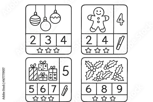 Festive Clip Card Icons. Holiday-themed number clip cards doodle set: hand drawn icons for counted images, clothespin marks, star