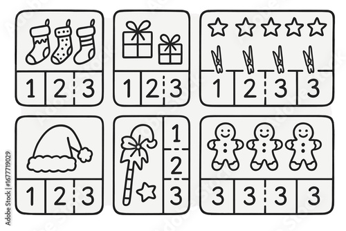 Festive Clip Card Icons. Holiday-themed number clip cards doodle set: hand drawn icons for counted images, clothespin marks, star