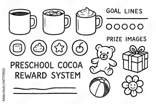 Cocoa Reward System Icons. Preschool cocoa reward system kit doodle set: hand drawn icons for mug icons, topping badges, goal