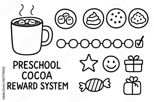 Cocoa Reward System Icons. Preschool cocoa reward system kit doodle set: hand drawn icons for mug icons, topping badges, goal