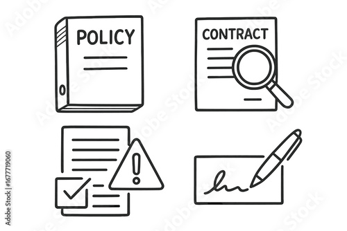 Legal Compliance Icons. Business legal compliance doodle set: hand drawn icons for policy binders, contract review, audit alerts,