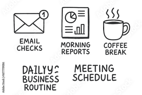 Business Routine Doodles. Daily business routine doodle set: hand drawn icons for email checks, morning reports, coffee breaks,